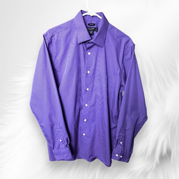 Pronto Uomo Mens Non-Iron Purple Checkered Dress Shirt Size 16 34/35 100% Cotton - Picture 1 of 10